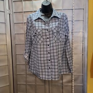 Rebecca Malone medium blue w/ black lines long sleeve w/ 3/4 option button down